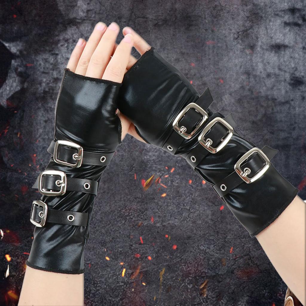 Aesthetic Party Gloves Stylish Metal Buckles Comfortable PU Leather Arm Gloves for Women Men Daily and Evening Party