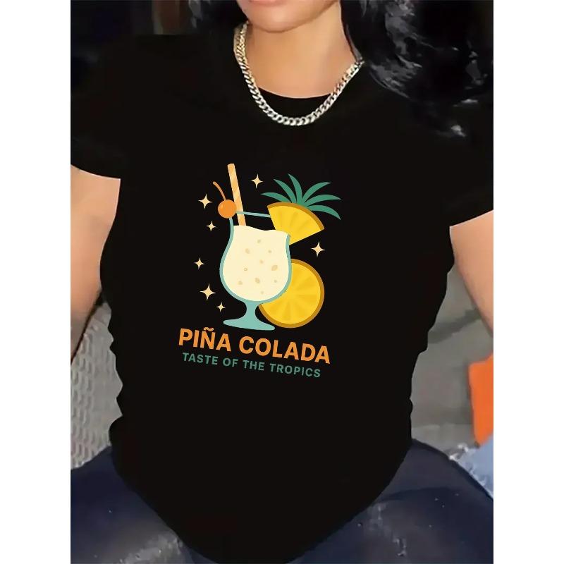 Women Pineapple Cocktail Print Tropical Beach Summer Casual Tee S чёрный