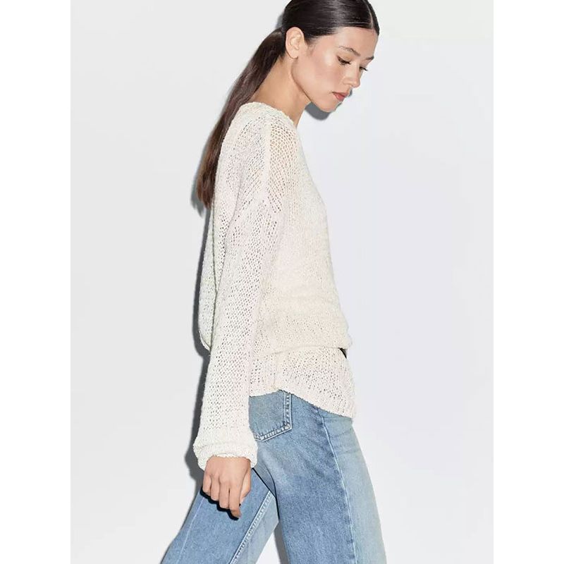 MD Women Clothes Casual Idle Style Lightweight Hollow Sweater Round Neck Long Sleeve Cover Up Knit Female 05691823711