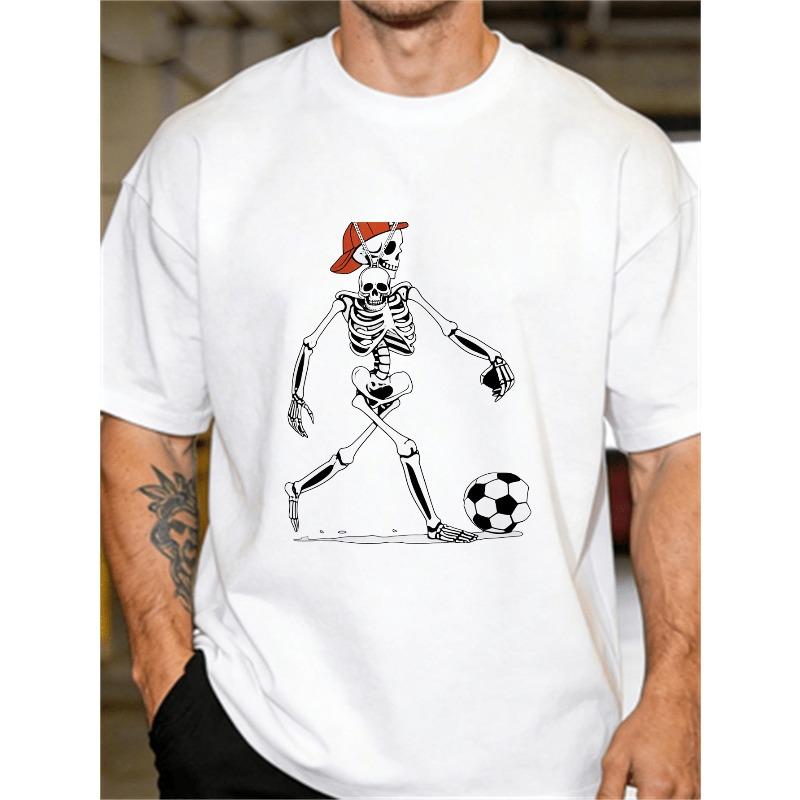 

European sizes Men S Soccer-Themed T-Shirt with Soccer Skeleton Print - Loose Fit Crew Neck Short Sleeve Casual Shirt Suitable for All-Season Wear S белый
