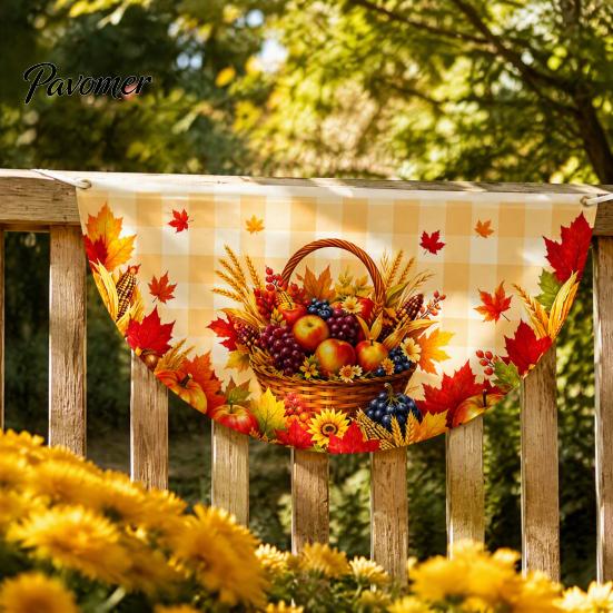 Semicircular Autumn Party Supplies Fall Bunting Fan Flag for Outside, 1.5 X 3ft Turkey Pumpkin Maple Eucalyptus Leaf Holiday Pattern Hanging