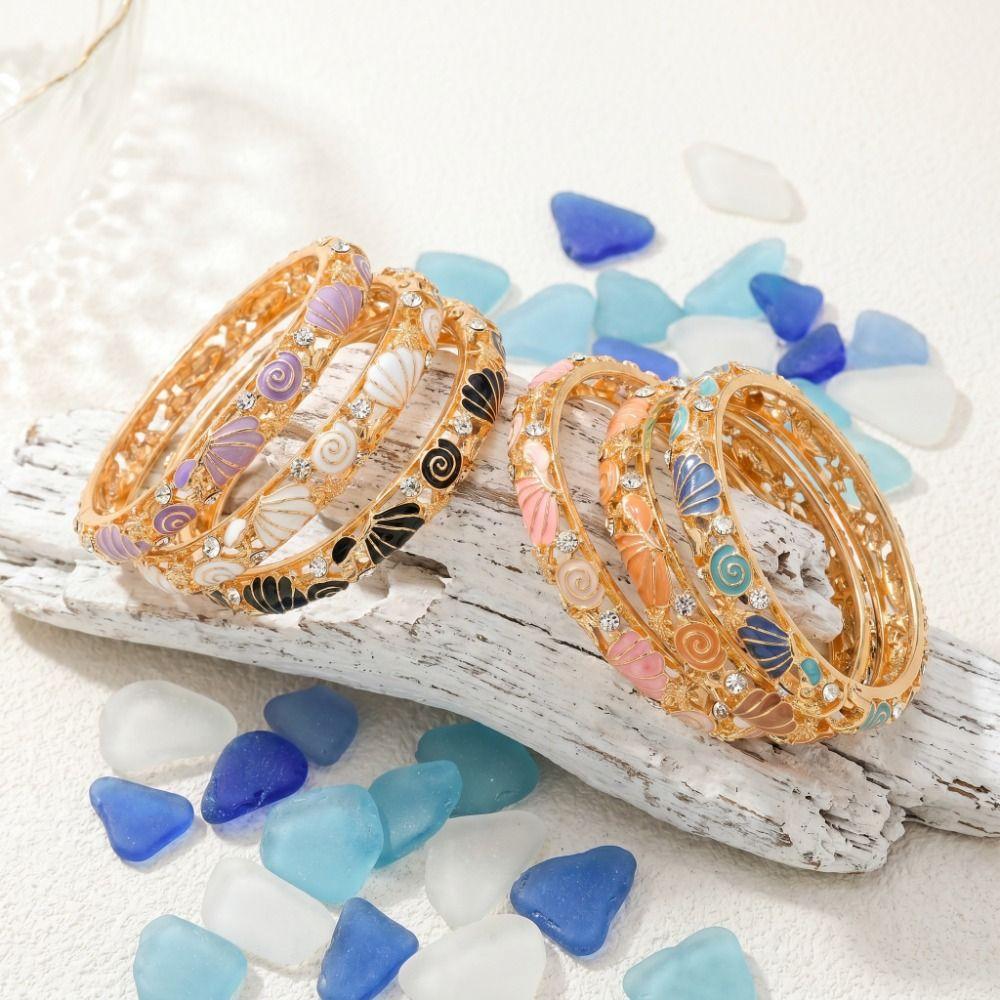 Metal Starfish Shell Bangle Geometric Women's Hand Bracelet Vintage Cloisonne Bangle Gold Jewelry