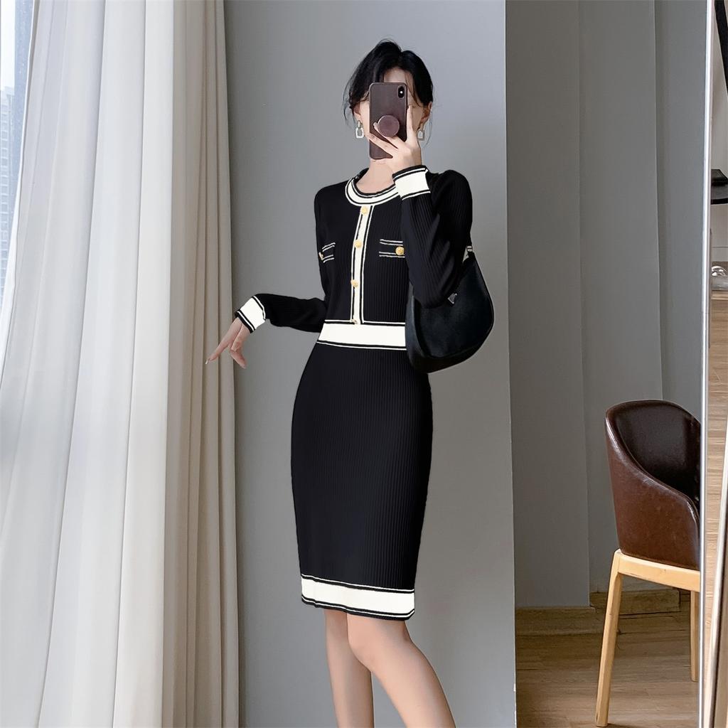 French Elegant Party Color Contrast Dress Women Vintage Slim Mid-length Knitted Dresses Female Korean Fashion Design Casual Clothes
