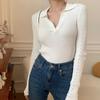 Ladies Autumn Winter Long Sleeve Polo Collar Casual Basic Solid Color Pullover Knitted T Shirt Top for Layering