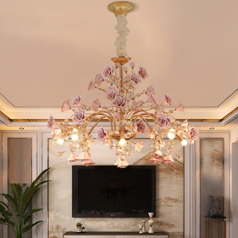 Bedroom light luxury crystal chandelier European style branch peach powder ceramic lantern court rose  new year decorative