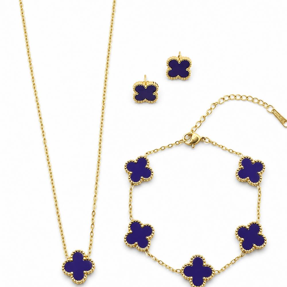 18K Gold-plated 13mm Four Leaf Clover Stainless Steel Jewelry Set Necklace Bracelet Earrings 3-Piece Set for Women Party Trendy
