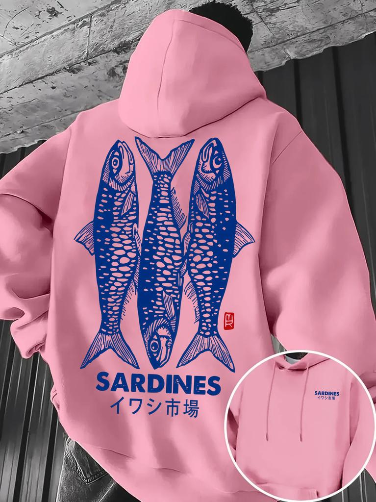 Men's Autumn/Winter Long-Sleeved Thick Hoodie with Japanese Print Sardine Pattern, Loose Fit, Ukiyo-e Style, Retro Streetwear