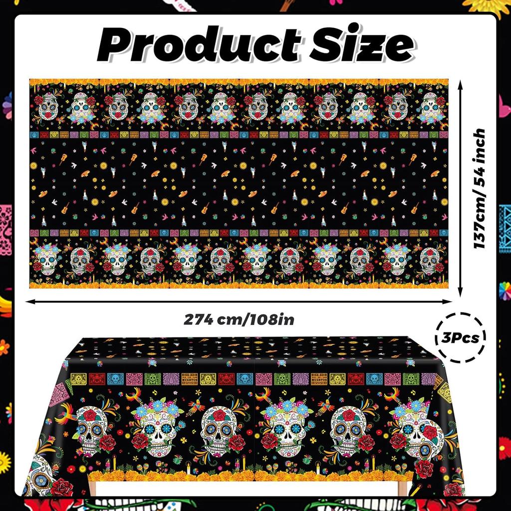 MEHOFOND 3 Pcs Day of The Dead Plastic Tablecloth, Dia De Los Muertos Disposable Table Cover for Halloween, Mexican Skull Floral Fiesta Party