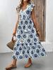 Summer French Resort Style Deep V-Neck Printed Maxi Dress