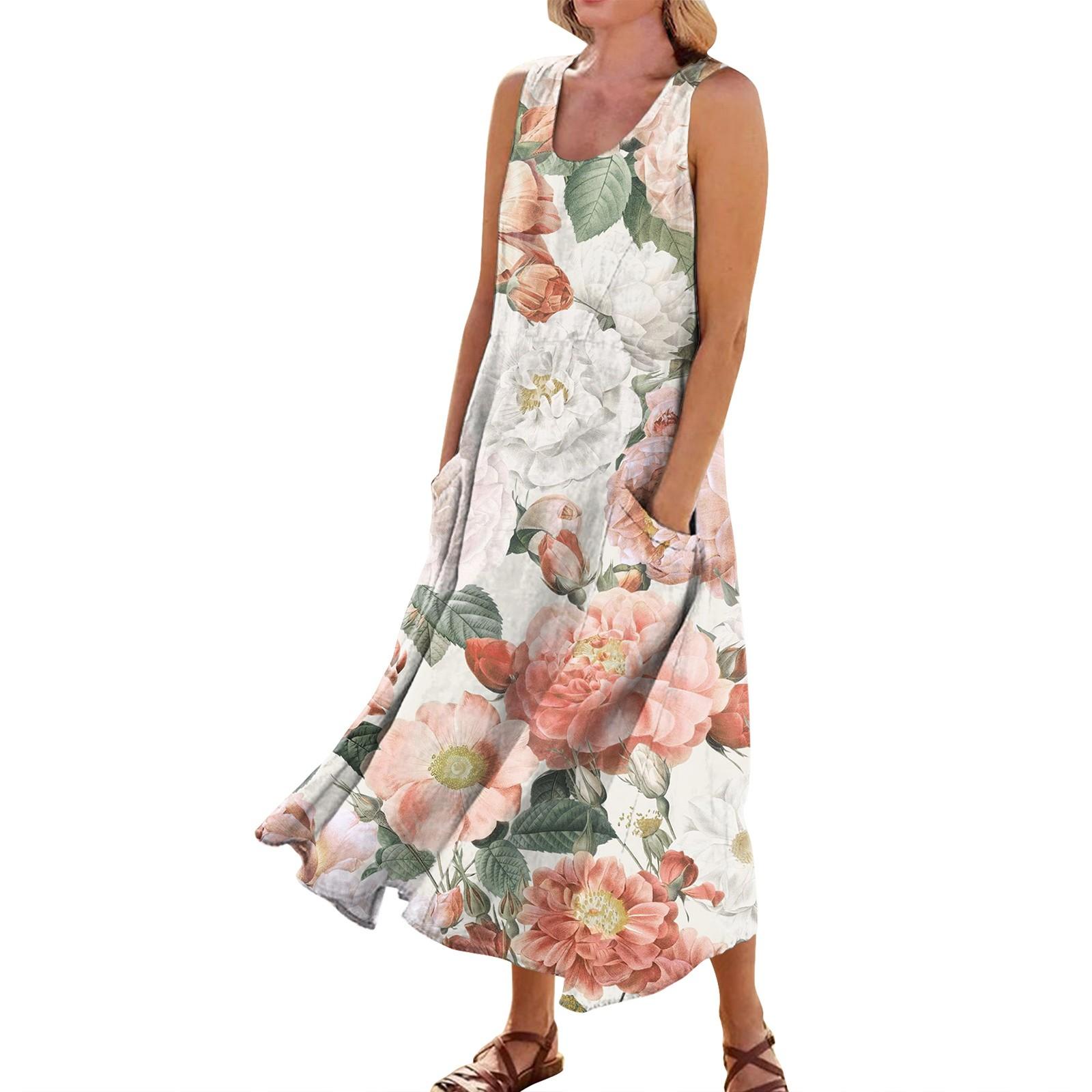 

Жіноча повсякденна зручна бавовняна сукня з кишенями без рукавів із квітковим принтом L бежевий