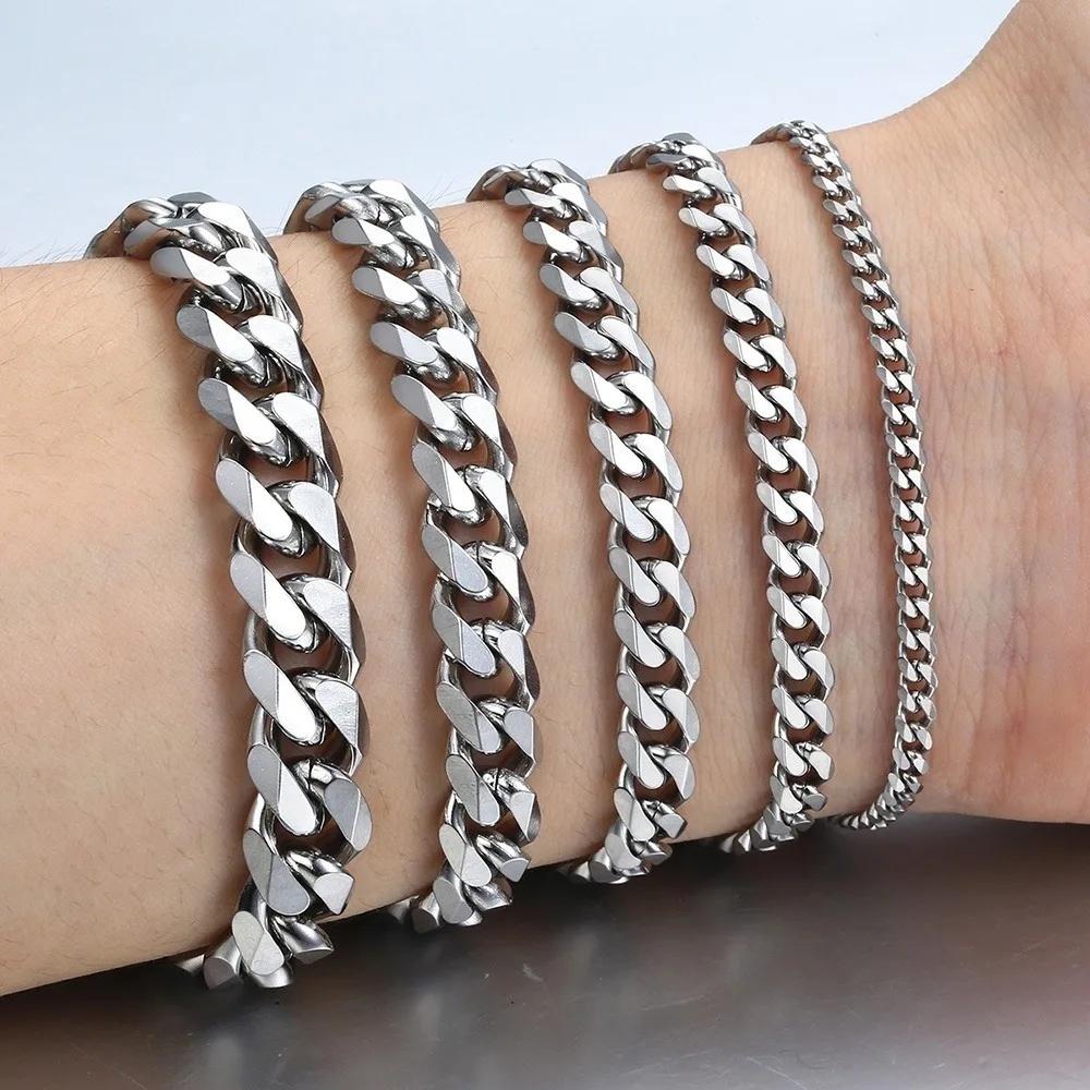 1pc Men's Stainless Steel Curb Cuban Link Chain Bracelets Zircon Gift