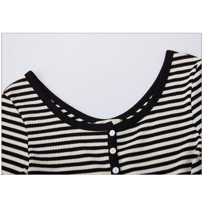 Women S Long Sleeve Striped T Shirt High Waist Short Style With Shell Buttons