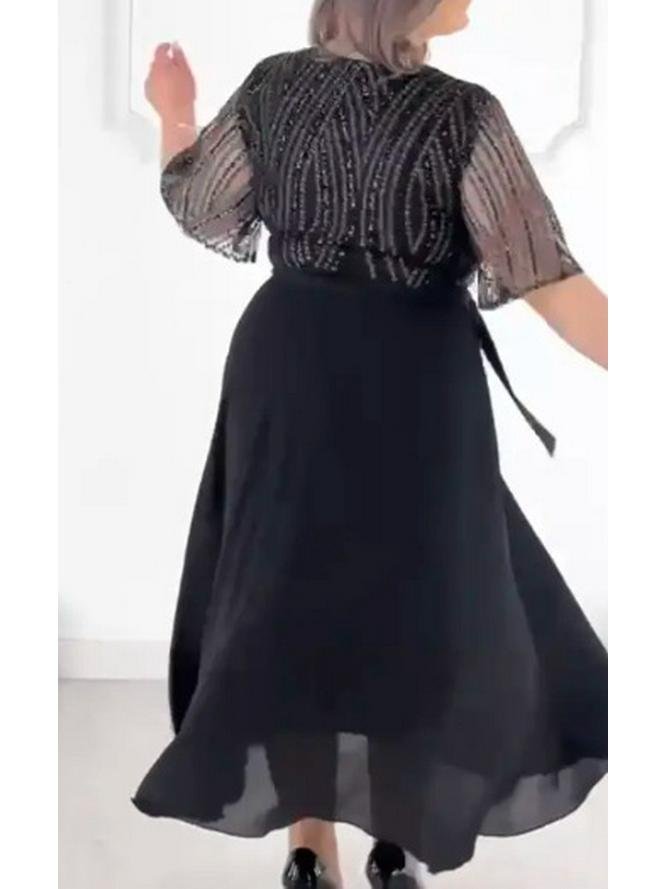 2025 Trendy Plus Size Women's Mesh Lining Dress with Five Sleeves