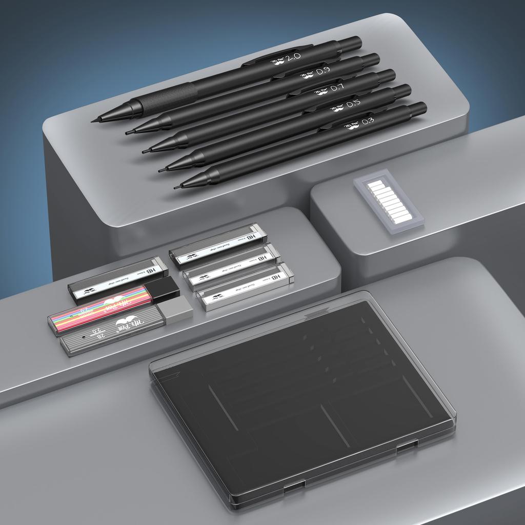 Pen Metal Mechanical Pencil Set with Lead and Eraser 5 and Perfect for Mr. Refills, Sizes, Black 0.3, 0.5, 0.7, 0.9, 2mm. Drawing.