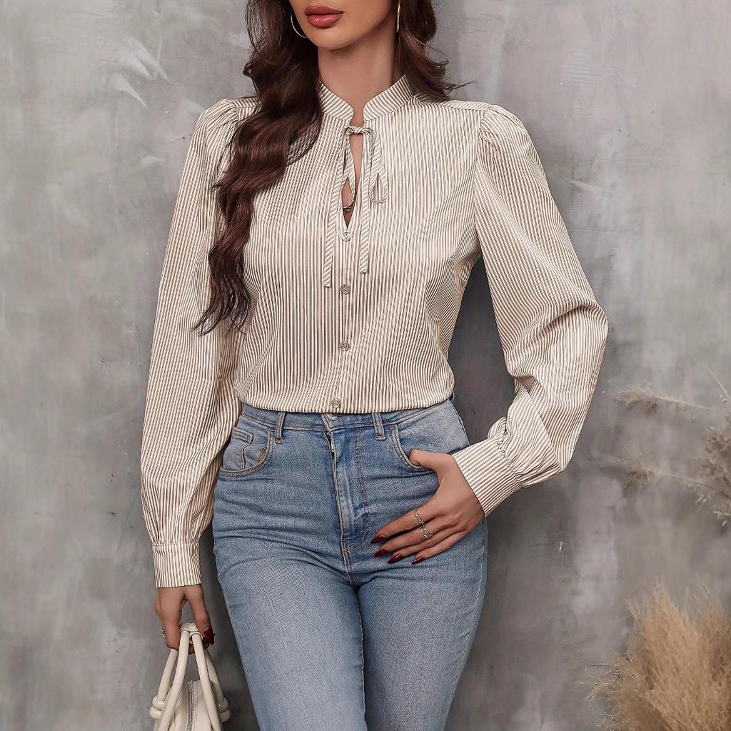 Ladies Autumn Winter Bandage Stand Collar Long Sleeve Striped Shirt Top