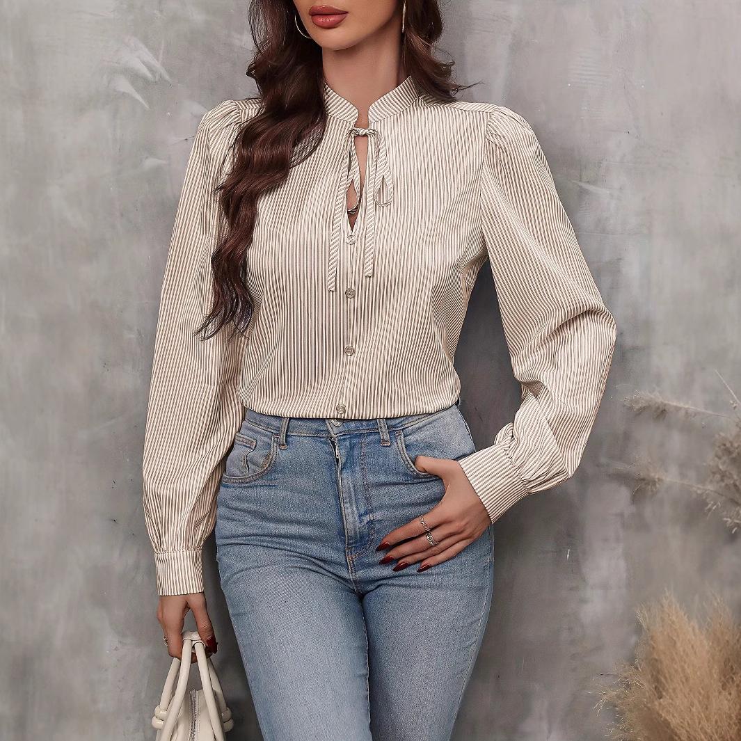 

Ladies Autumn Winter Bandage Stand Collar Long Sleeve Striped Shirt Top XL