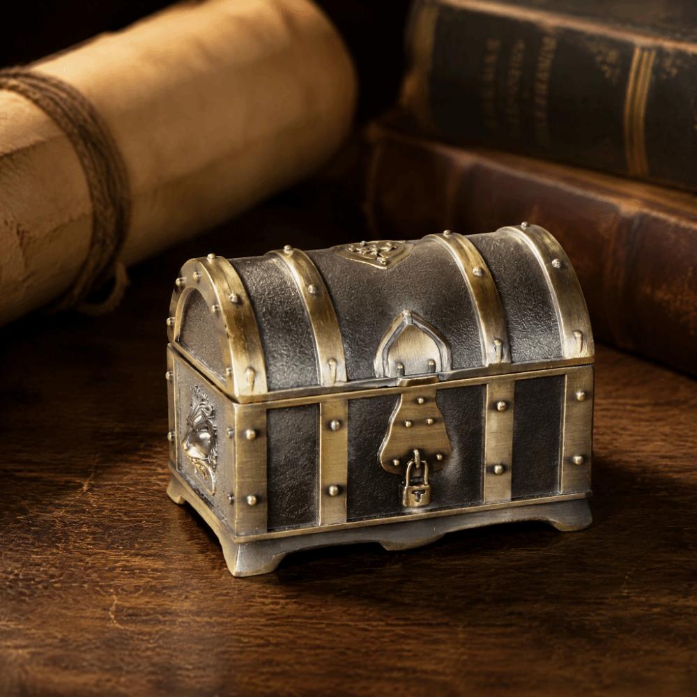 Zinc Alloy Jewelry Storage Case Engraved Pattern Metal Treasure Chest Dresser Tabletop