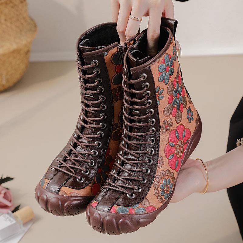 2023 Nové dámské boty s plochým dnem se šlachovou podrážkou Etnický styl s koženým potiskem, teplé a pohodlné zimní boty