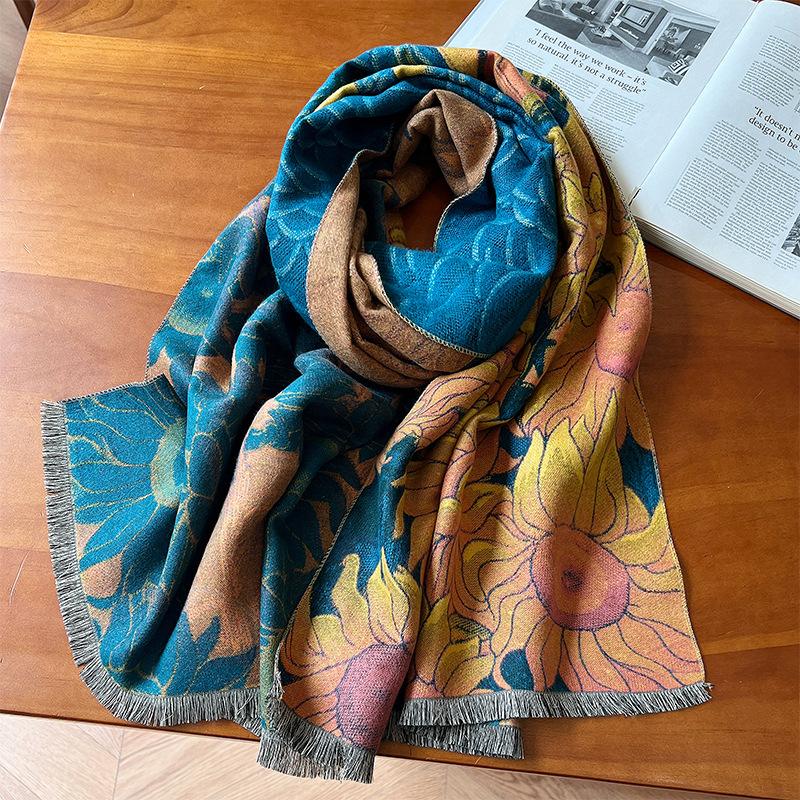 New Oil Painting Imitation Cashmere Scarf for Women Autumn and Winter Warm Fashion Design Shawl Thickened Versatile Scarf