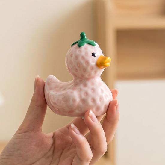 Whimsical Duck Statue for Office Ceramic Fruit Figurine, Cute Strawberry & Banana Decor Statue, Creative Desktop Home Bedroom Gift Friends