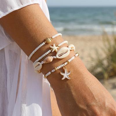 Multilayer Boho Conch Shell Bracelets for Women Dainty Starfish Handmade Chain Beaded Bracelet Beach Vacation Jewelry Gifts