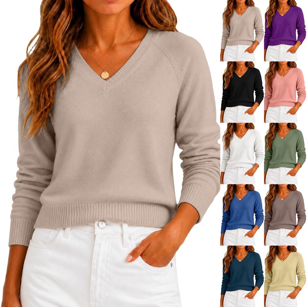 Women's Comfortable V-Neck Long Sleeve Pullover Sweater Casual Loose Fit Color Knit Top