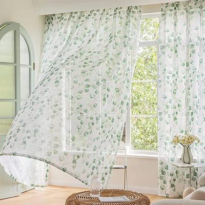 2 Panelli Modern Bodhi Yaprağı Baskılı Polyester Çubuklu Tül Perde Oturma Odası, Yatak Odası, Mutfak ve Perde Dekorasyonu İçin