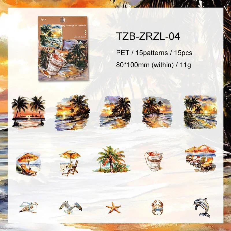 15pcs/bag Nature Journey Series Vintage Forest Tree Beach Landscape Material Collage PET Sticker Creative DIY Journal Stationery