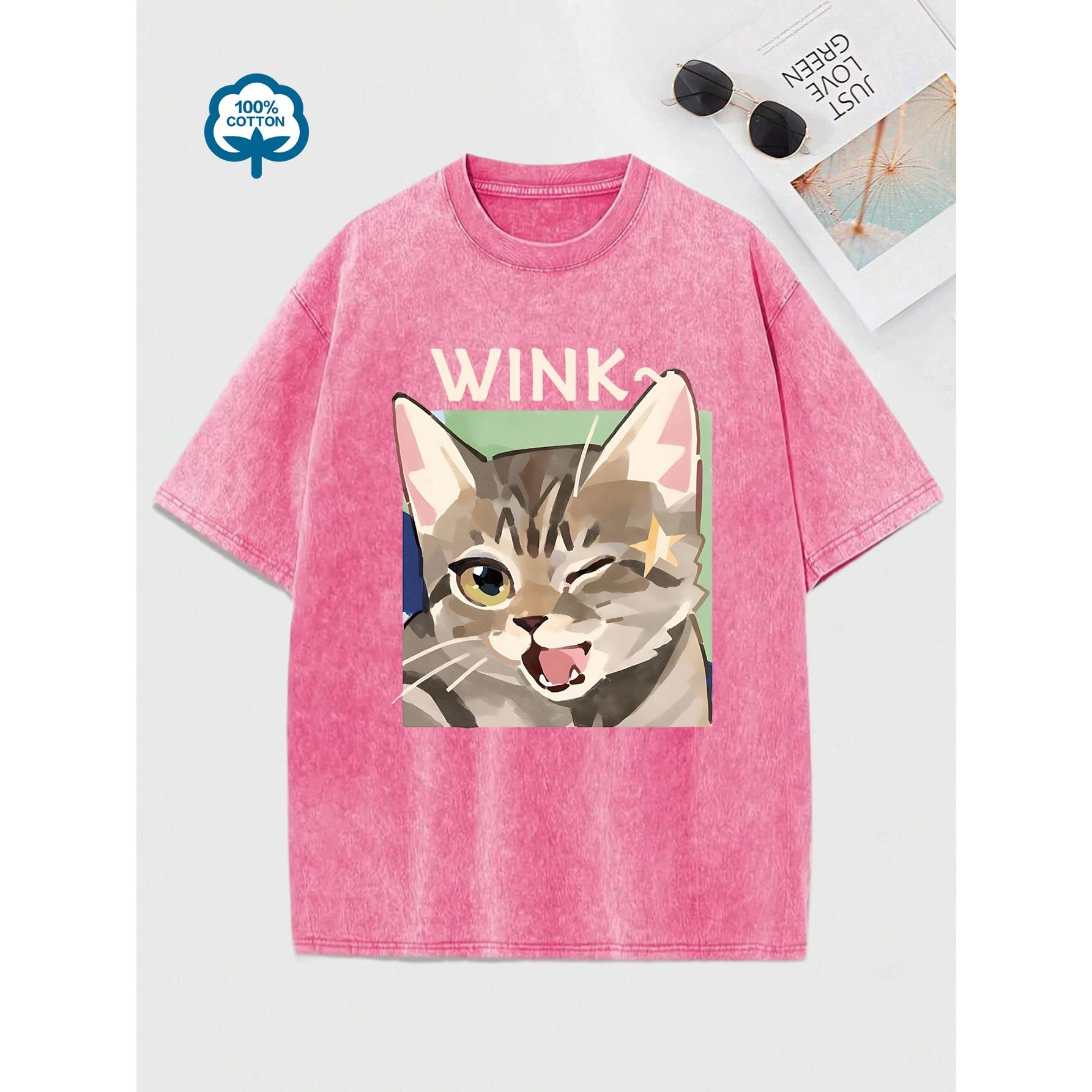 

Wink Милый мультяшный принт кота Женская стираная футболка Повседневные хлопковые футболки Удобная футболка Летний короткий рукав 3XL