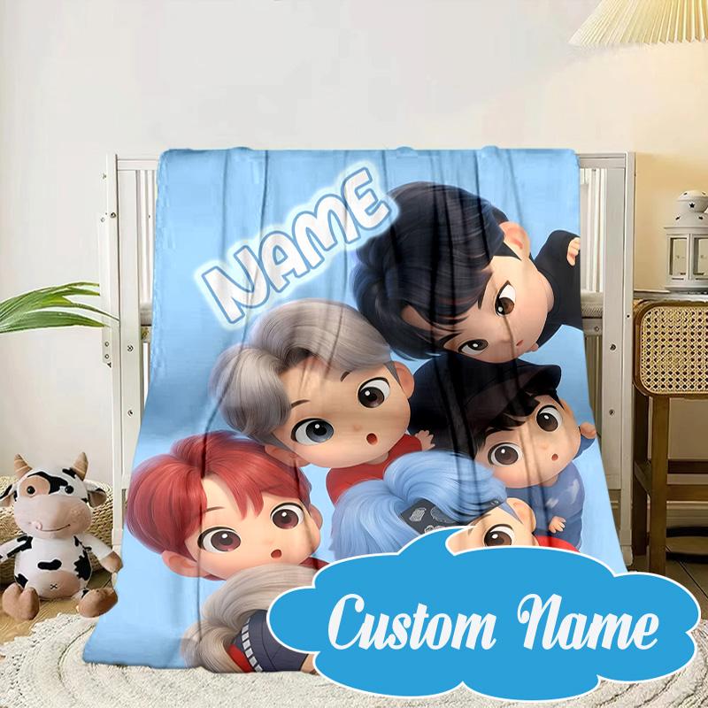 Custom Name BT K-pop Collage Vibes Blanket bed sofa Blanket Flannel Blanket for Camping, Hiking, Picnic Essentials,gift for Fan family