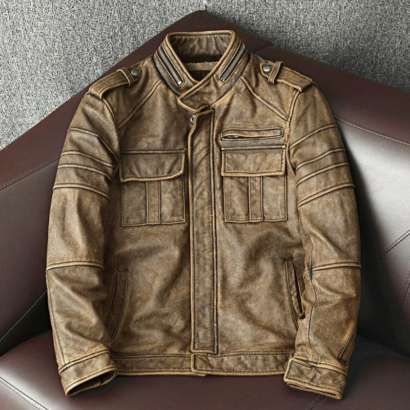 Vintage Genuine Leather Jacket Men Short Distressed Biker Coat Pure Cowhide Motorcycle Jacket Autumn Winter