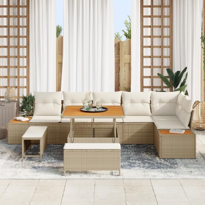 VidaXL 9-Piece Garden Sofa with Beige Cushions In Poly Rattan Acacia 3364876