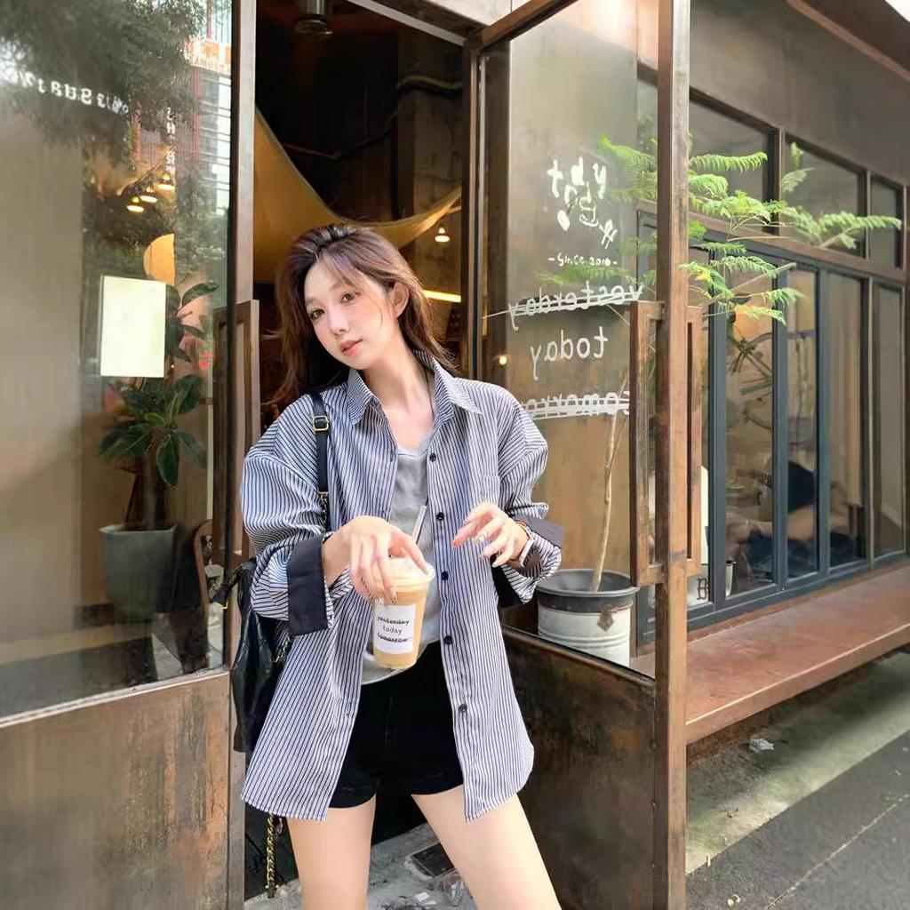 Niche Vertical Striped Casual Shirt Jacket for Women In Autumn New Design Shirt Contrast Long Sleeve Top for Women