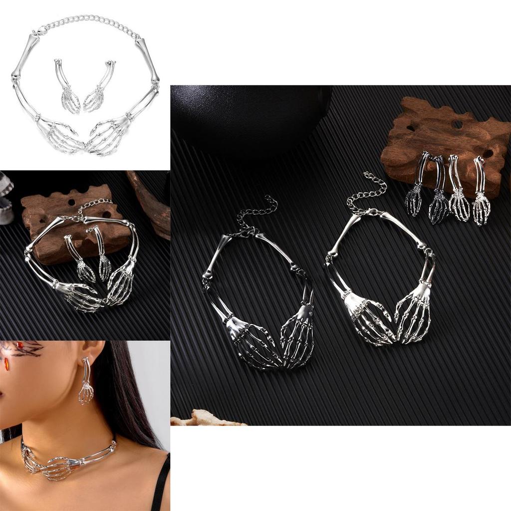 Gothic Skull Necklace Earrings Set With Alloy Pendant For Halloween Costume Accessories
