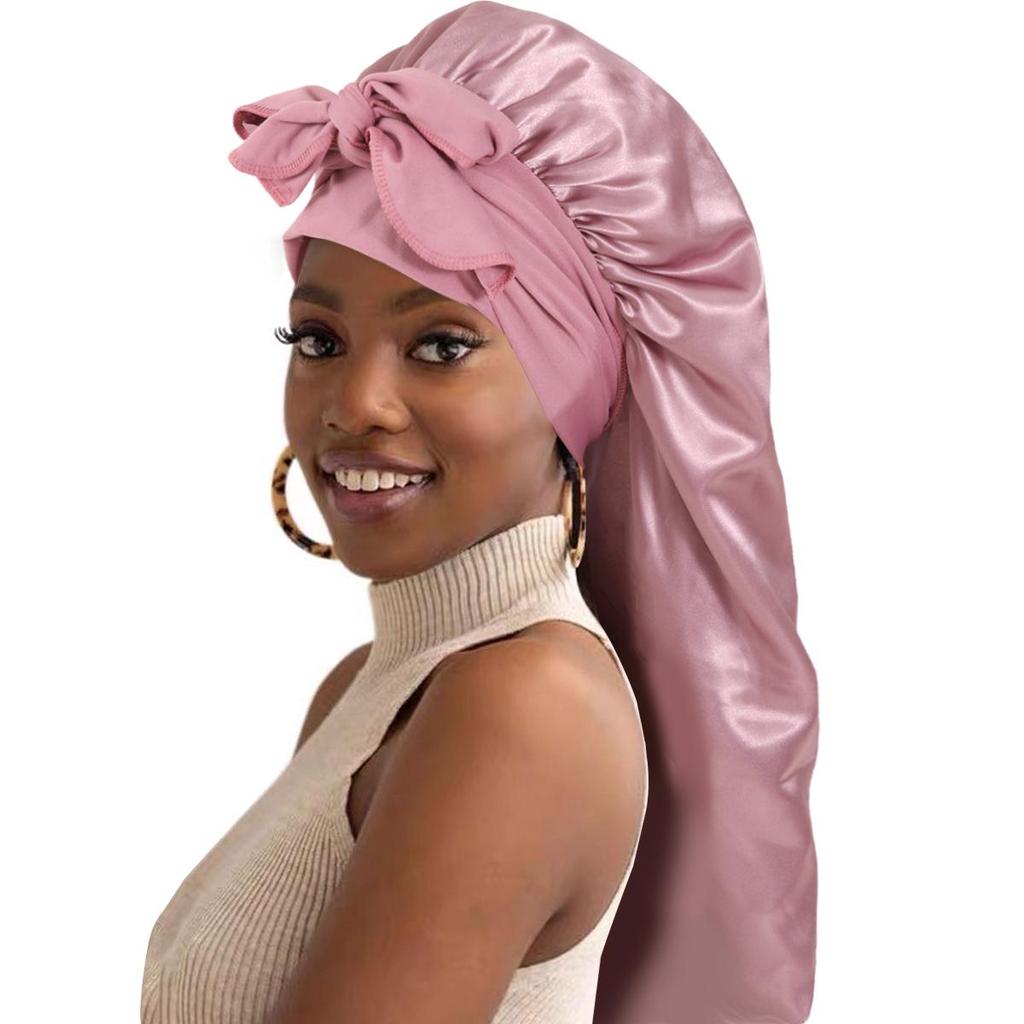 Bowknot Long Tail High Elastic Satin Sleep Cap and Bath Cap