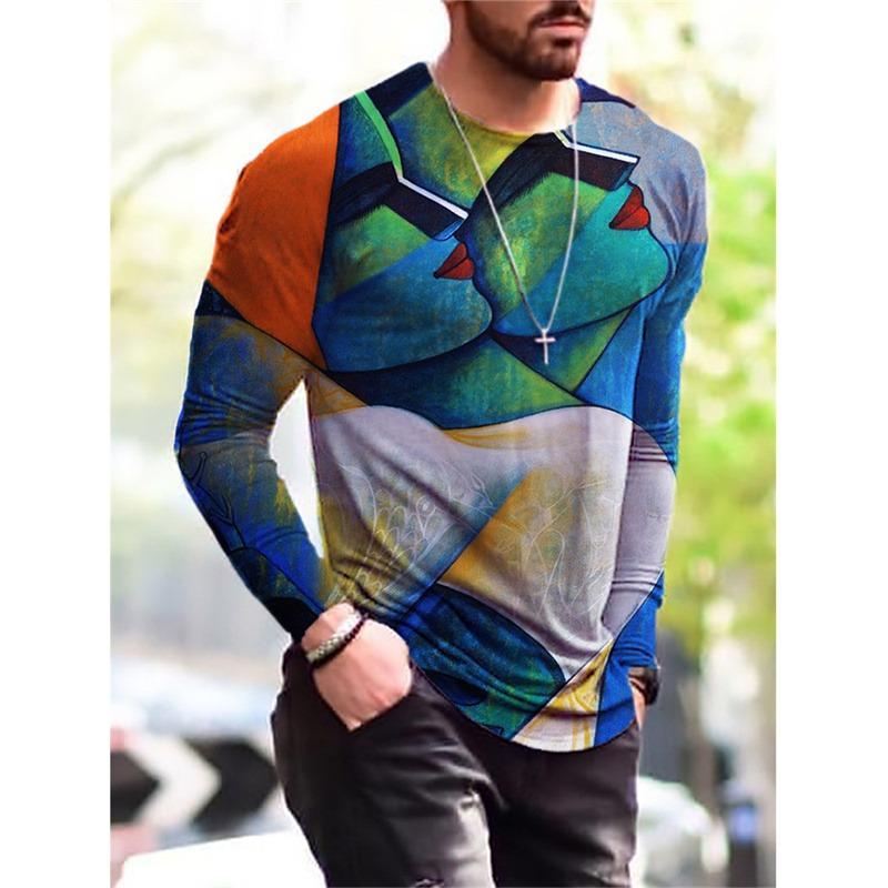 3D Gedrucktes Hip Hop Rock T-Shirt Für Männer Buntes Muster T-Shirts Frühling Herbst Freizeit Langarm Rundhals Oberteile Lockere T-Shirts