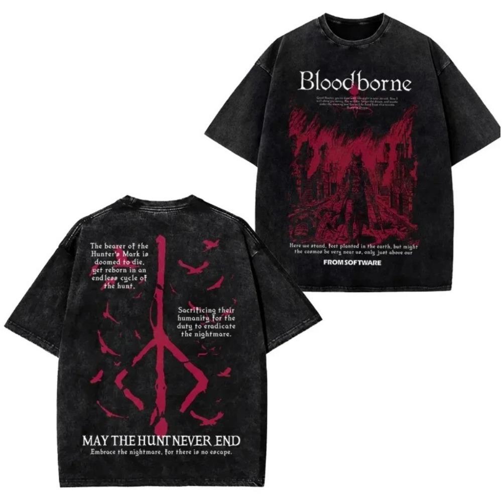Mens Womens Oversized Short Vintage Cotton Game Print Washed T-Shirt American Street Trendy Brand Sleeved Tops Summer