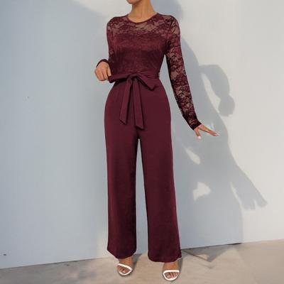 Women's Long Sleeve Lace Formal Jumpsuit High Waisted Wide Leg Pants Romper