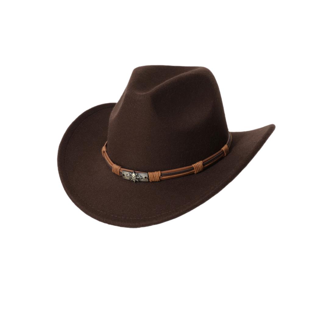 Men s casual western cowboy hat with skull accessory, British style felt hat, all-season wool jazz hat M（56-58cm） коричневый