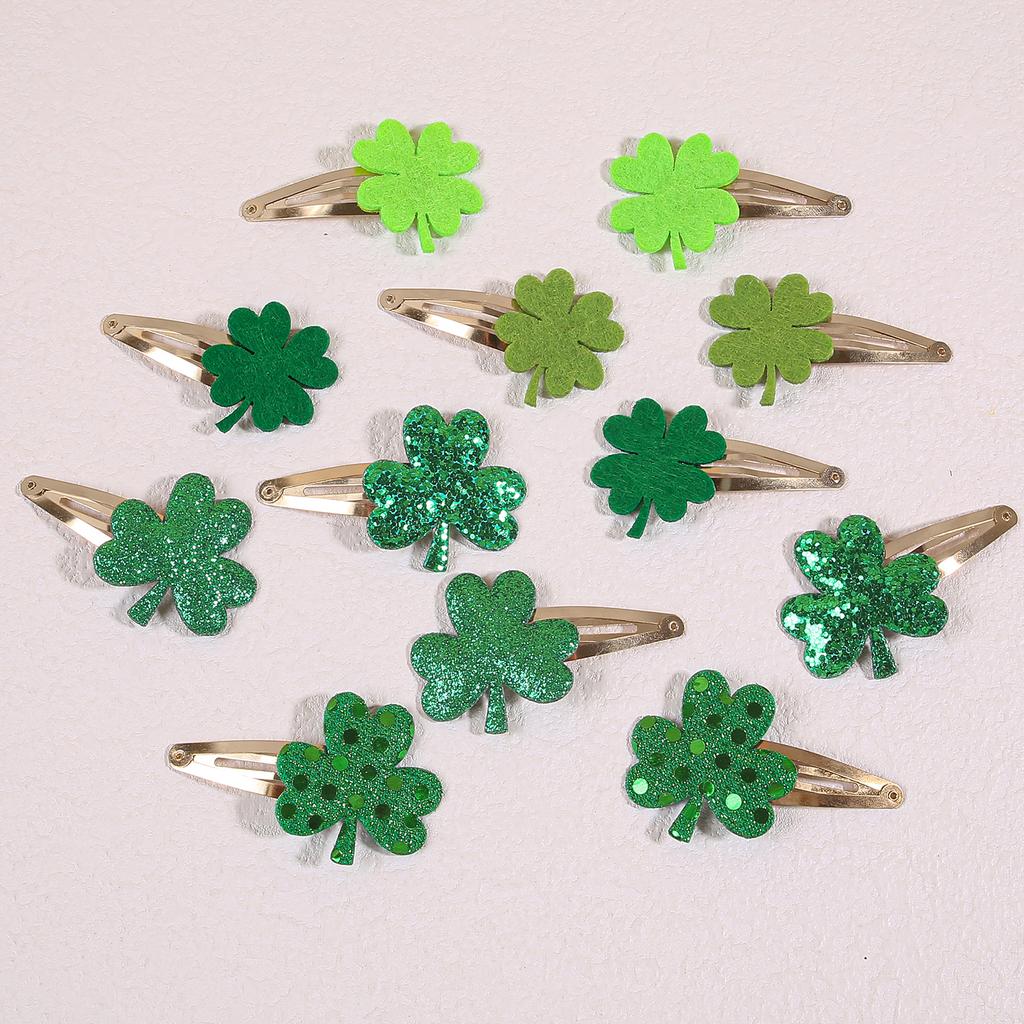 6pcs Sparkly Clover Hair Clips Girls ST'patrick's Day Hairpins Glitter Green Flower Hair Clips Children Kids Headwear