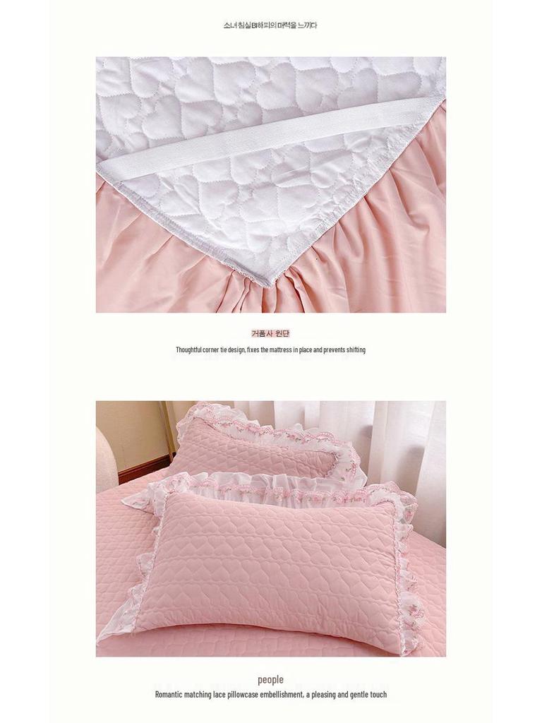 Korean Style Lace Bed Skirt & Sheet Set - 3-Piece Quilted Dustproof Full Wrap Bed Cover