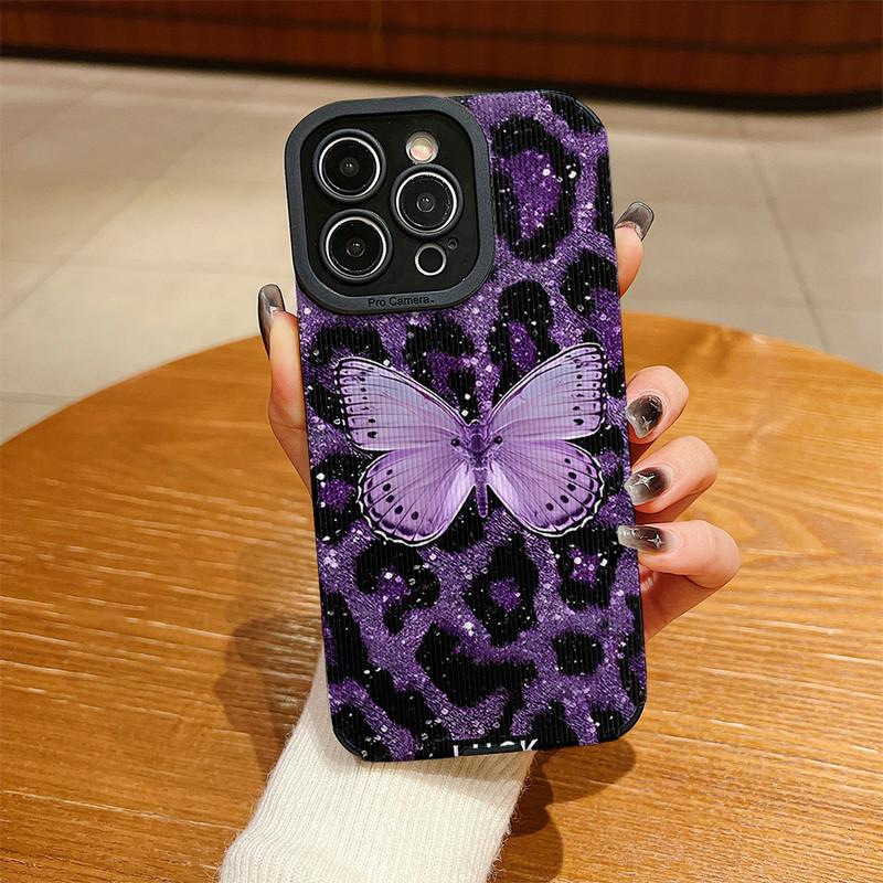 Vertical Grain Leather Shell Butterfly Printed Patterned Shockproof Soft Silicone Case with Camera Lens Full Protection for iPhone