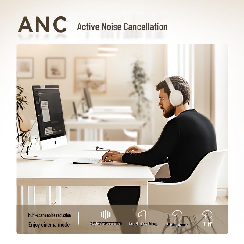 ANC Over-Ear Wireless Noise-Canceling Headphones with Long Battery Life and Heavy Bass - Minimalist Full-Ear National Tide Style.