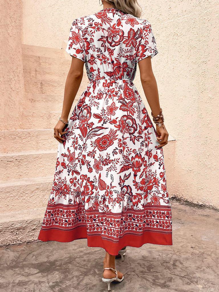 Retro Blue Ethnic Print Holiday Dress - Slim Fit