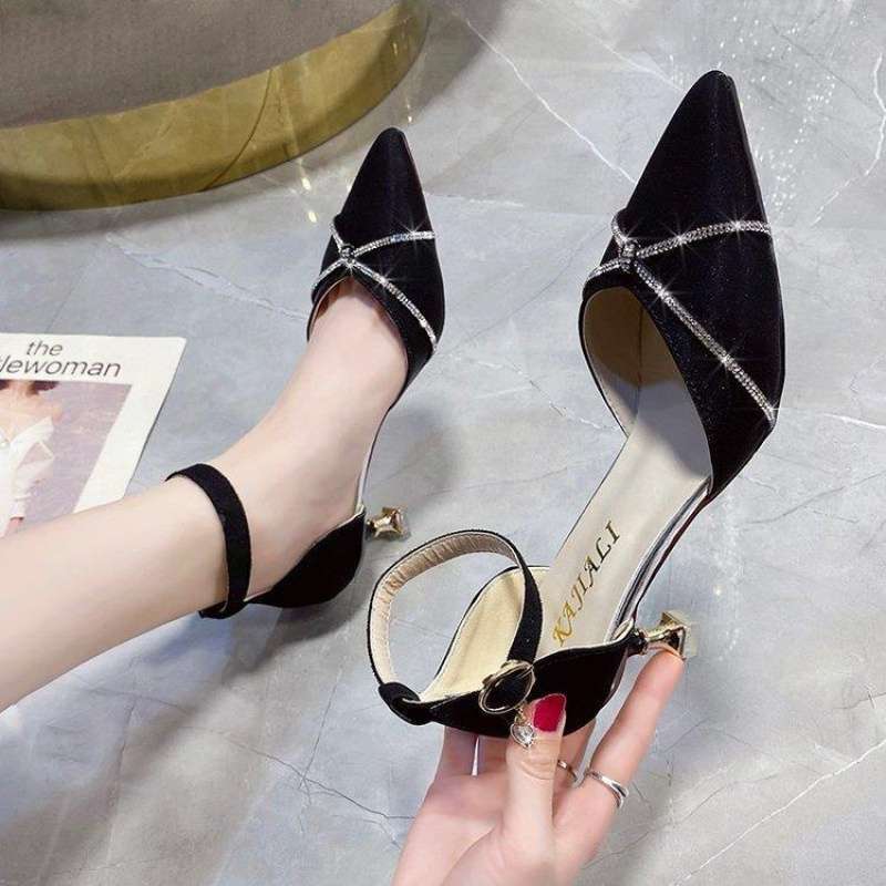 Red Satin Wedding Shoes New Korean Version French Pointed Rhinestone One-word Buckle Hollow Women's Single Shoes Stiletto High Heels