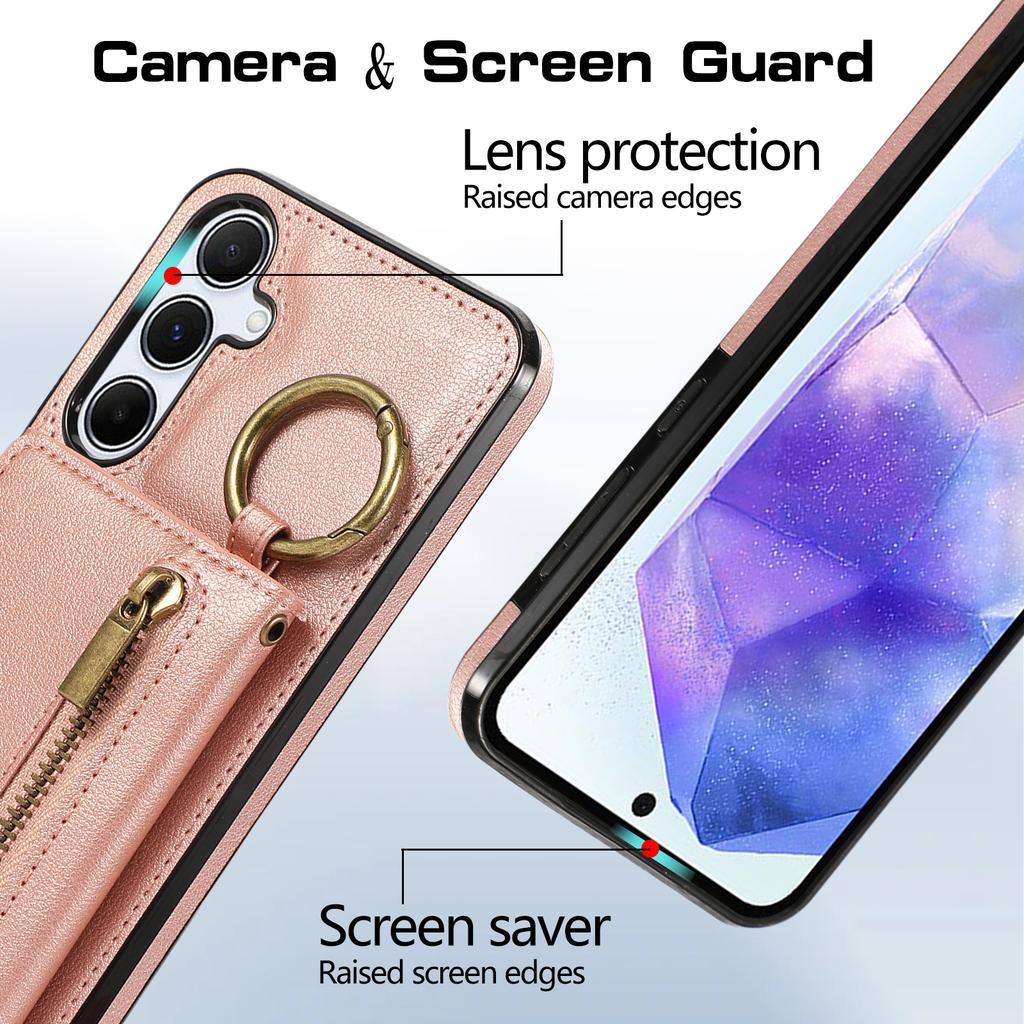 For Samsung Galaxy A26 5G Leather Back Cover Zipper Wallet Kickstand Phone Case with Shoulder Strap