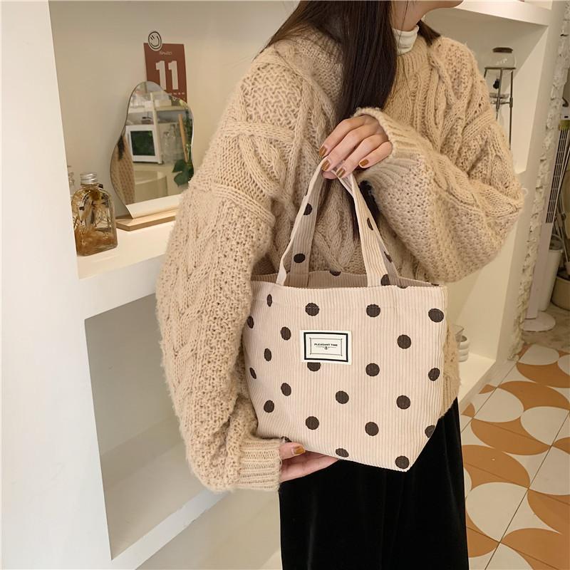 Vintage Corduroy Polka Dot Tote Bag For Women Soft Handle Cute Lunch Bag