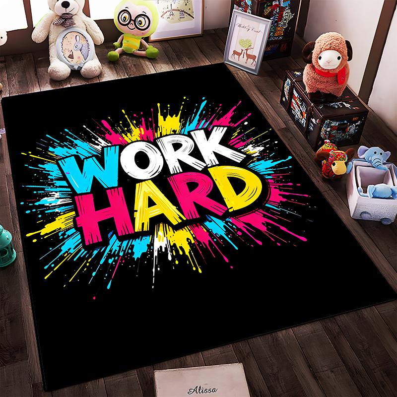 Colorful Motivational "Work Hard" Quote Carpet with Splash Design Suitable for Use As an Anti-slip for Living Room Bedroom Sofas