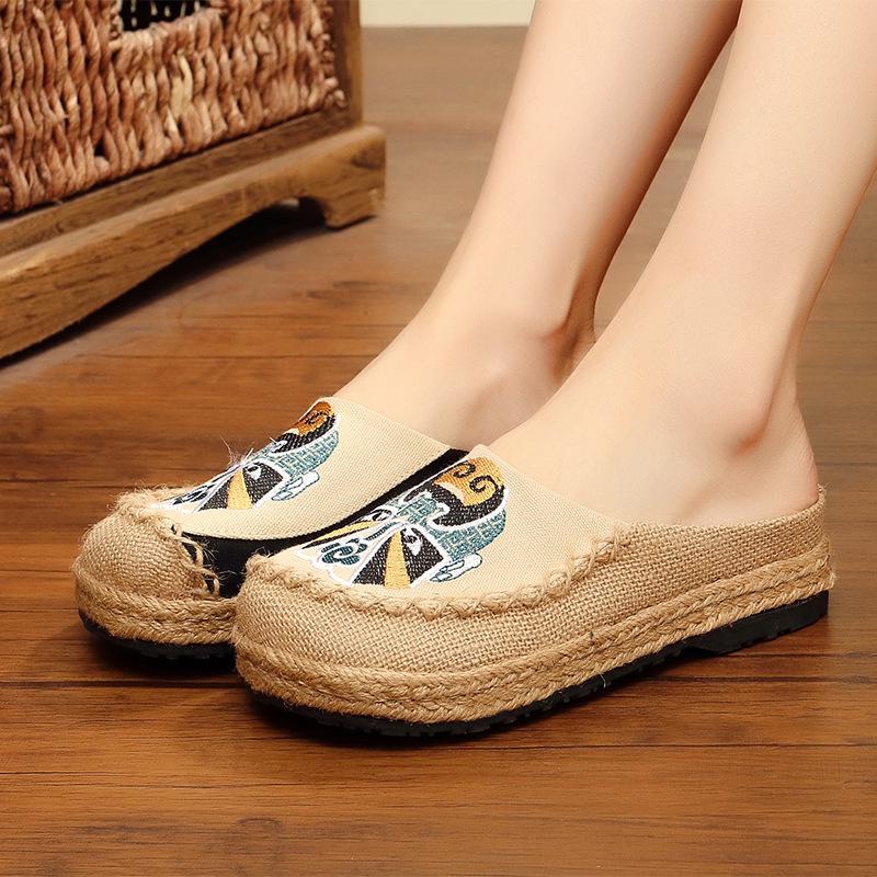 Taigu Mi Ma Peking Opera Face Embroidered Espadrilles: Handmade Cloth Shoes, Linen, Mori Girl Style.
