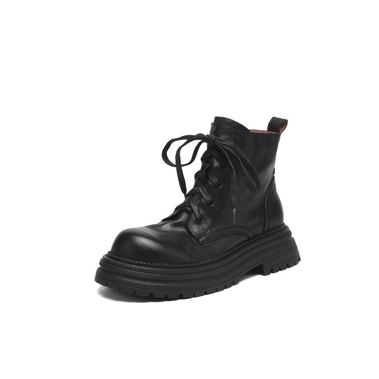 Fashion New Autumn/winter Genuine Leather Women Boots Round Toe Platform Shoes for Women Fashion Boots Mid Heels Lace Work Boots